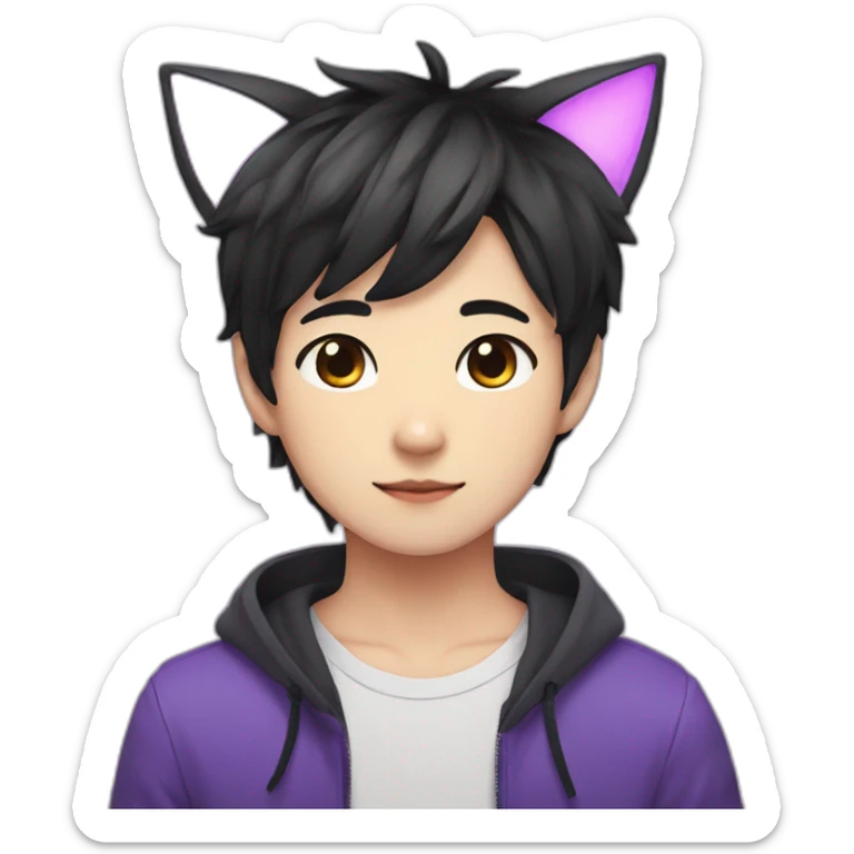 Cute japanese boy with cat ears, black medium hair and purple eyes sticker