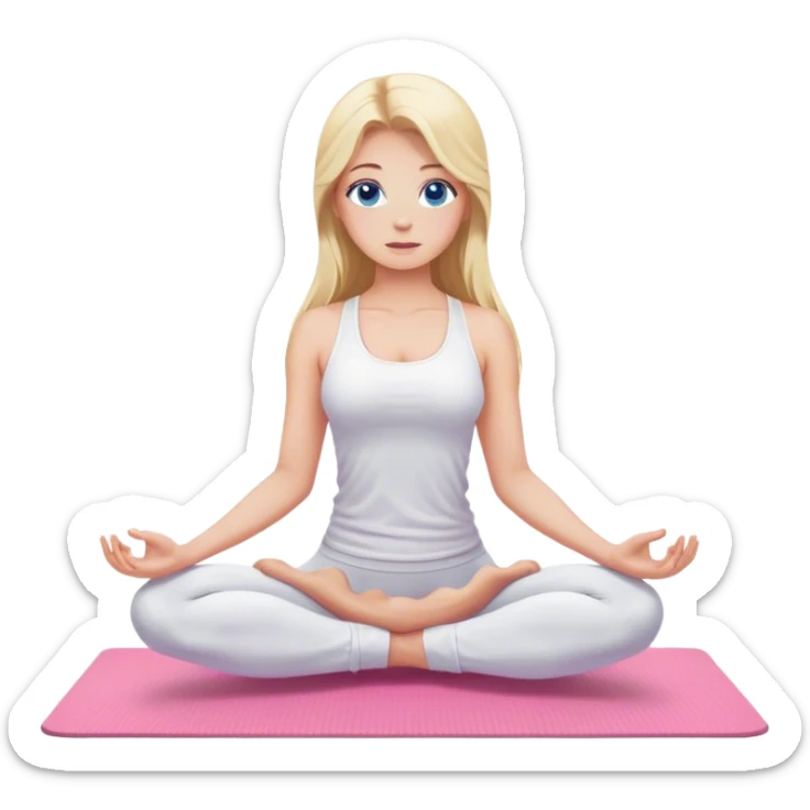 Cinematic realistic blonde with long hair and blue eyes, dressed in a white top and leggings, does yoga on a pink mat sticker