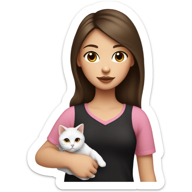 Medium light Girl with long dark brown hair hazel eyes and having pink lips wearing cute black shirt bringing two cat : white cat and calico cat sticker