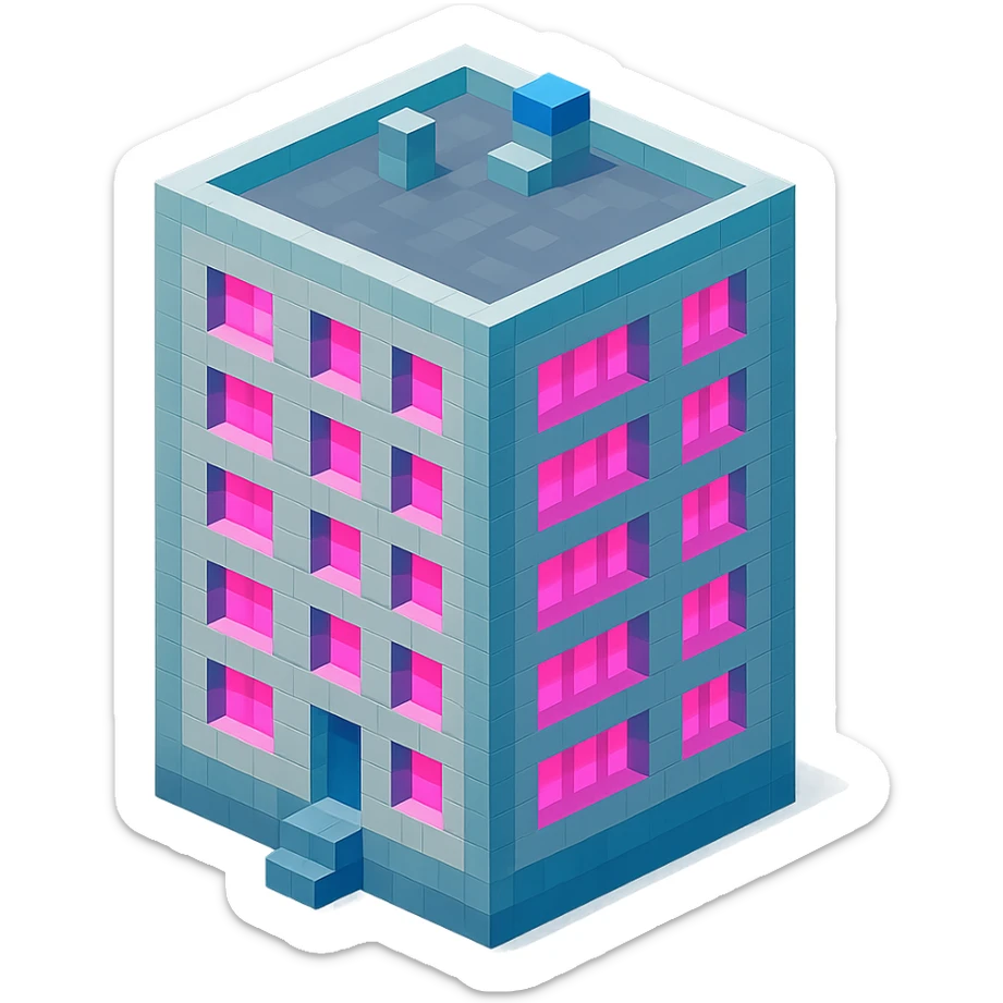 Russian panel apartment building, modern square block, light gray, windows with bright pink glow, isometric view sticker