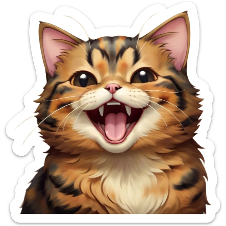 Cinematic Cute Yawning Tortoiseshell Cat Portrait Emoji, Head slightly tilted with a wide, adorable yawn and half-closed, dreamy eyes, featuring a warm, mottled fur of rich browns and blacks, simplified yet irresistibly cute, highly detailed, glowing with a soft, slumbering radiance, high shine, exuding a relaxed, drowsy charm, styled with a gentle, soft glowing outline, capturing the essence of a tortoiseshell cat in a precious moment of sleepy delight! sticker