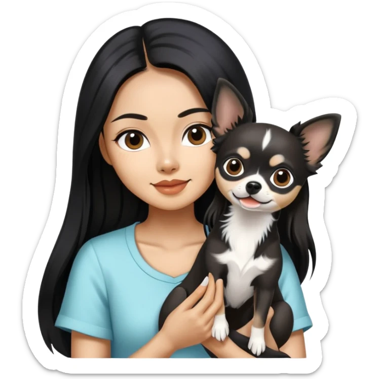Thai woman with flowing black hair playing with a black and white Chihuahua dog sticker