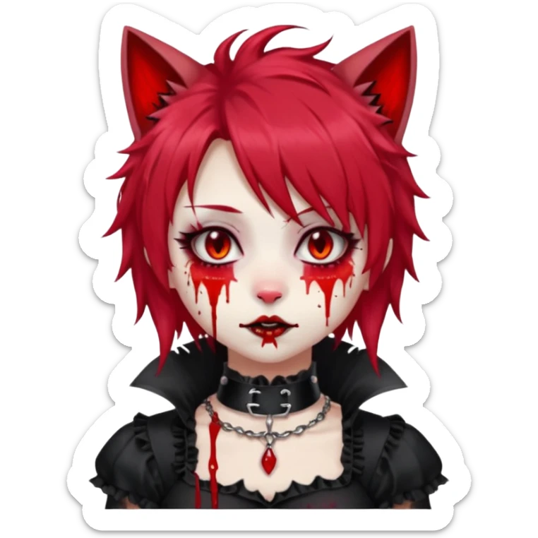 Shiny furry beautiful cute cool gorgeous attractive cute gothic anime cat-girl-lady with bloody hair, bloody lips, bloody face, blood-choker, spiked collar, frills, black dress, red rubies, messy tousled hair  sticker