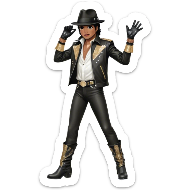 Icon for R&B Music: Michael Jackson on stage in full body, wearing his iconic concert costume—black leather jacket, sequined glove, fedora, and boots. He strikes a powerful pose, embodying the energy of R&B music. Transparent background. sticker