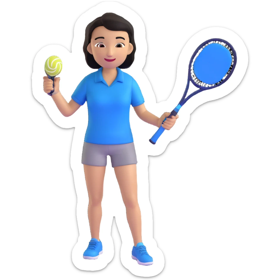 light brown skinned tennis coach, short straight black hair with widow's peak, oval face, small eyes, smiling, holding blue Yonex racket, wearing navy blue dry fit shirt sticker