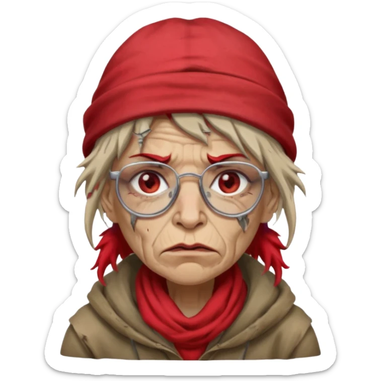 very dirty looking homeless woman with ripped red hat with ugly hair and broken glassess sticker