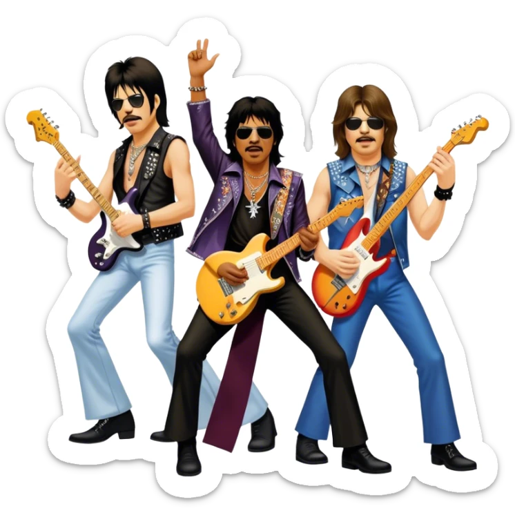 Icon for Rock Music: collage of iconic rock musicians—Klaus Meine, Jimi Hendrix, Kurt Cobain, Freddie Mercury, and Ozzy Osbourne—playing electric guitars and singing on stage. Capturing the powerful energy and rebellious spirit of rock. Transparent background. sticker
