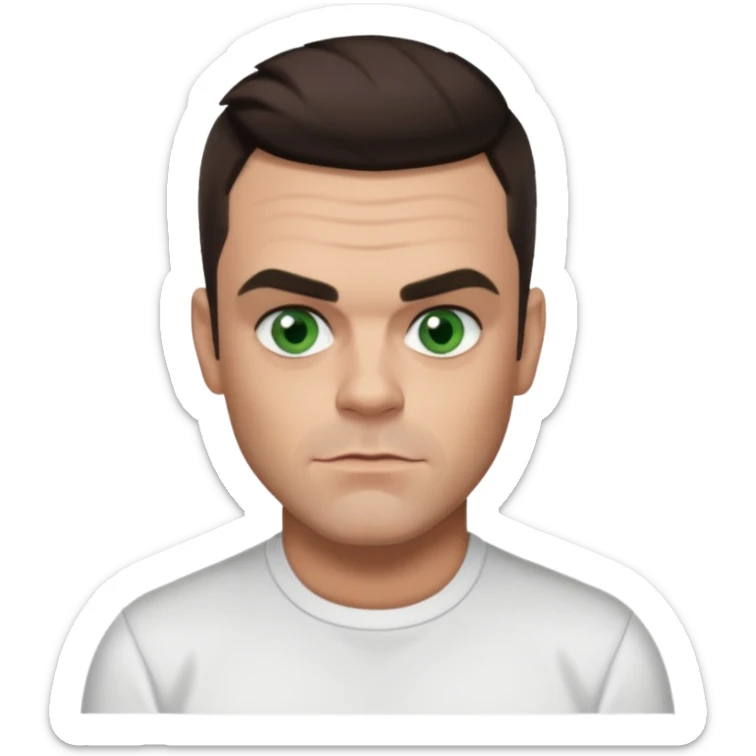Robbie Williams with green eyes and shirt, dark brown hair sticker