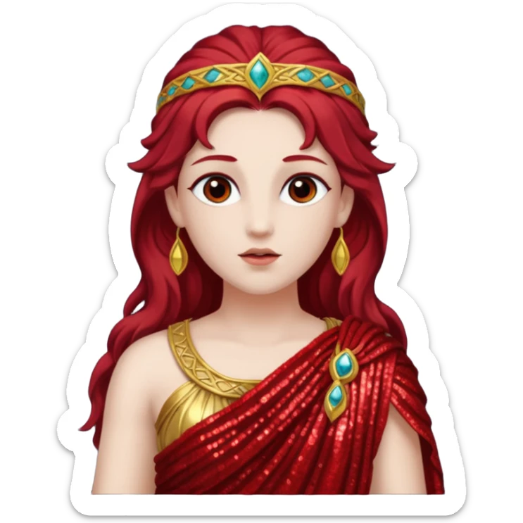 Vesta, Goddess from Hearth Roman Deities with long dark red hair, red sequin toga sticker