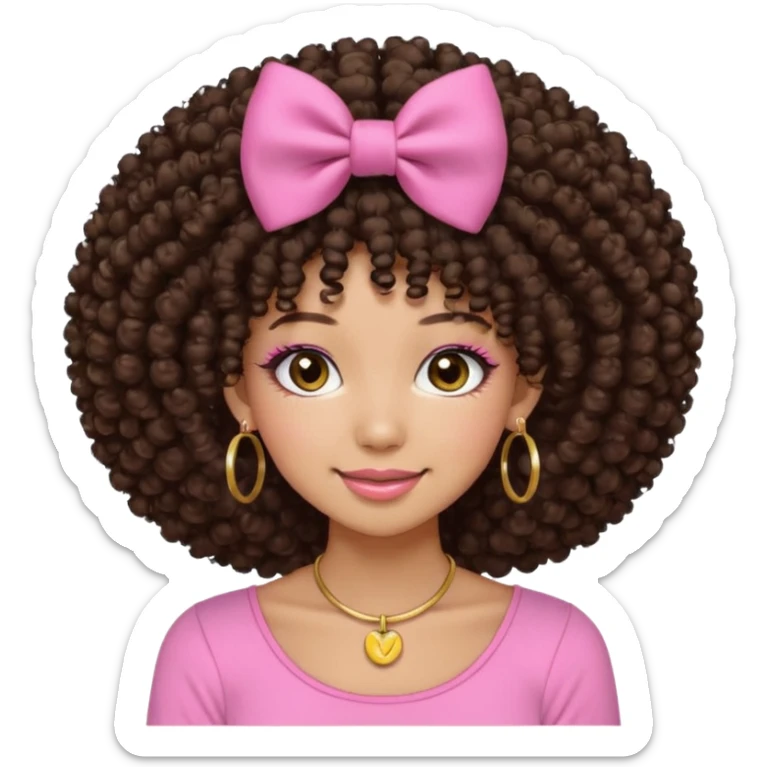 Naturally tan skin girl short darkBrown curly afropink shirt very long lashes hoop gold earrings Brown eyes gyaru smiling closed mouth cute non perfect circular afro. Pink bow hairclip sticker