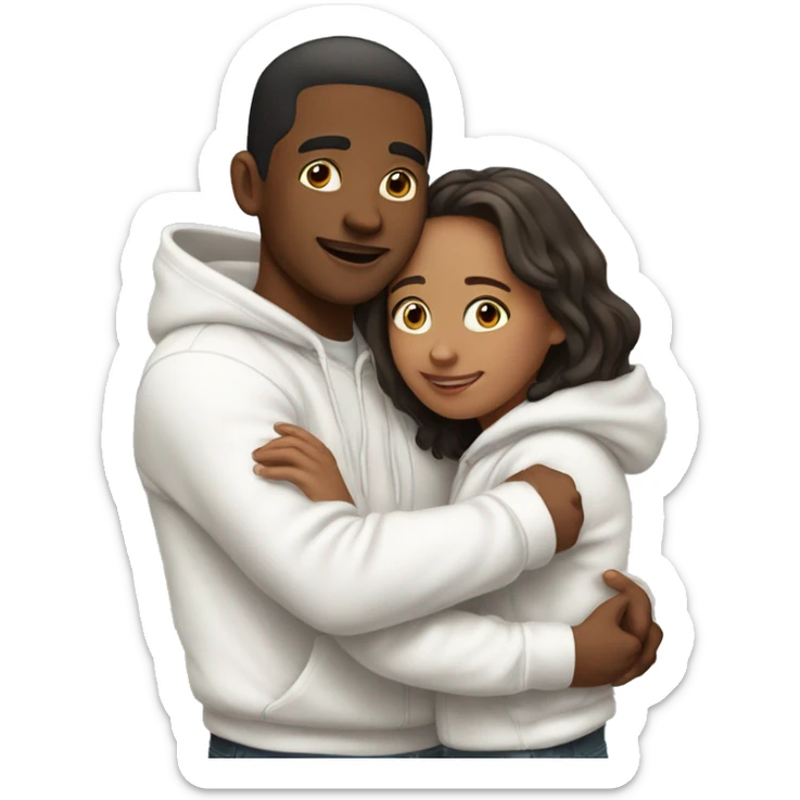 An emoji of a man wearing a white hoodie, standing next to his sister. He is hugging her warmly, showing a close sibling bond sticker