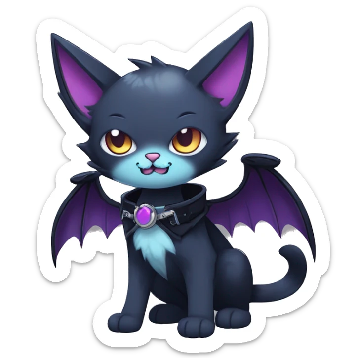   cool edgy kawaii anime-style ethereal dark-punk-themed animal vampiric cat-hybrid Fakemon with fangs and bat-wing-ears with a collar full body sticker