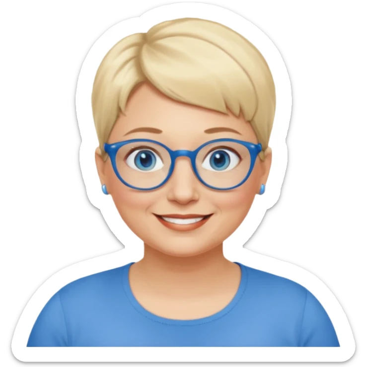 woman 50 years old, very short blonde hair, blue eyes and blue round glasses smile and overweight sticker