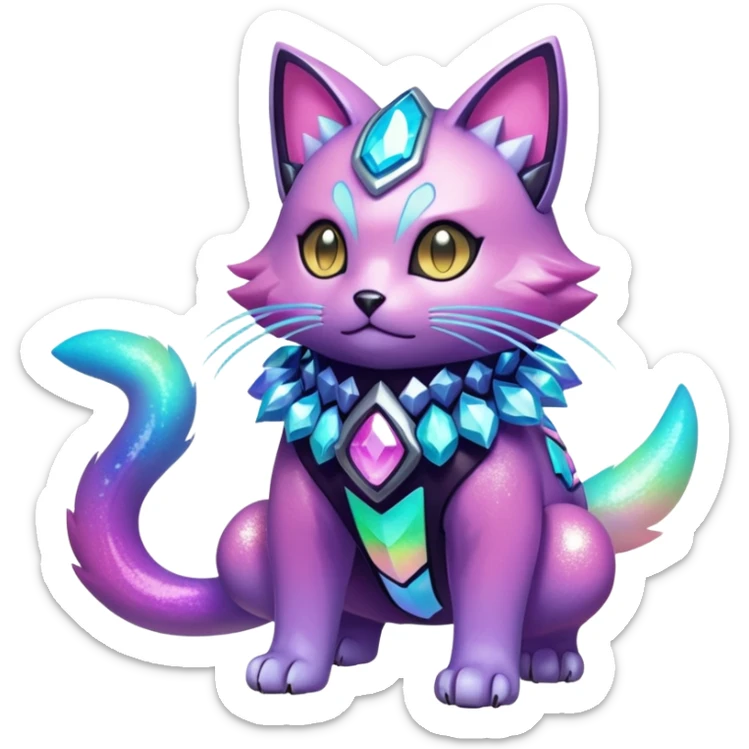 Mechanical Sparkly Glittery Nebulae Beautiful Gorgeous Pretty Pastel Hot Exotic Lush Warm Cute Adorable Colorful Shiny Iridescent Futuristic Modern Cybernetic Scarameow-Protogen-Vernid-Fakémon-Pokémon-creature-fusion (full body) sticker