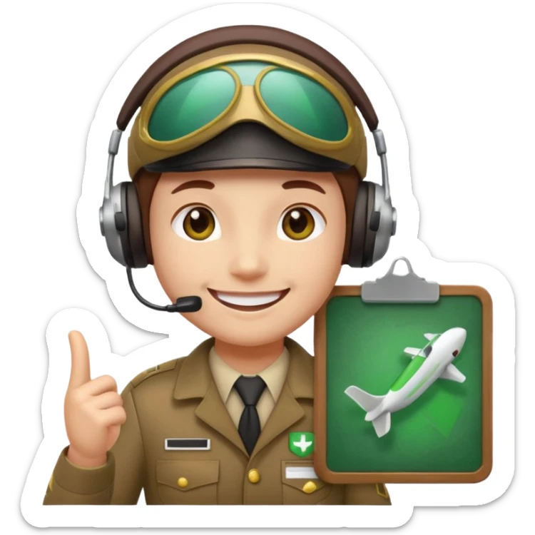 Slack-style emoji of a pilot wearing holding a green board with a white check mark sticker
