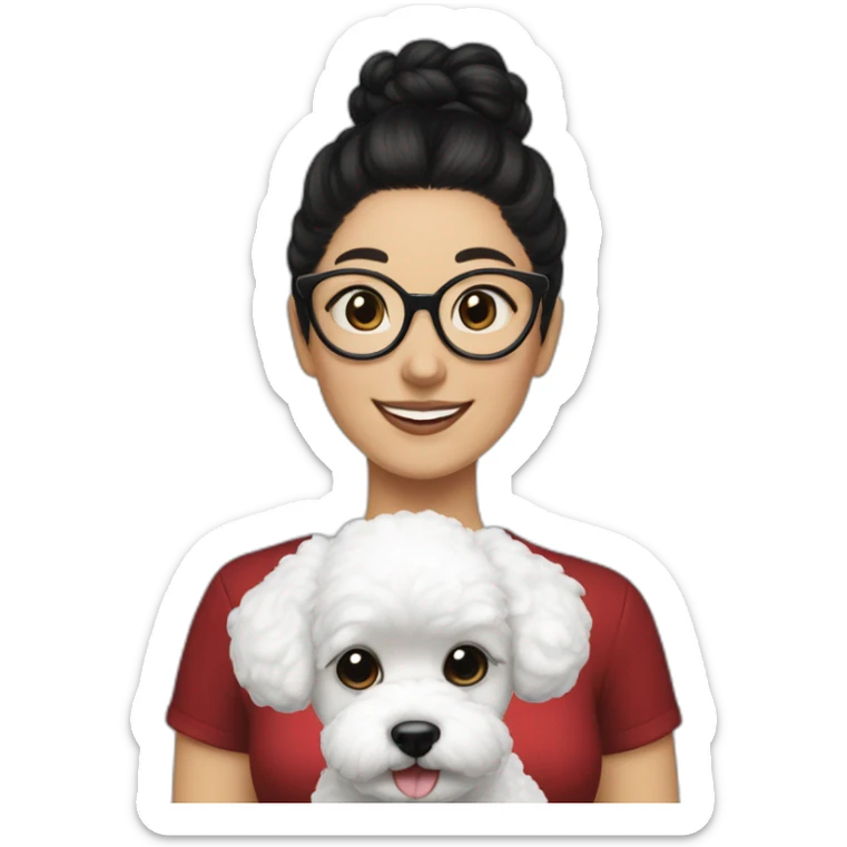 woman-black-hair-bun-with glasses-with bichon dog-white-smile-Christmas sticker
