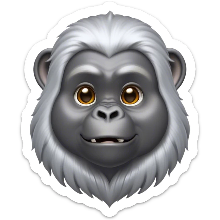 Cinematic Cute mountain Gorilla Portrait Emoji, Head tilted playfully and inquisitively, with a robust build accented by a striking silver mane and round, sparkling eyes full of gentle charm, Simplified yet irresistibly adorable features, highly detailed, glowing with a warm, friendly jungle glow, high shine, affectionate and lively, stylized with a touch of endearing primate whimsy, soft glowing outline, capturing the essence of a mischievous yet loving mountain that feels like it could lumber out of the screen into your arms! sticker