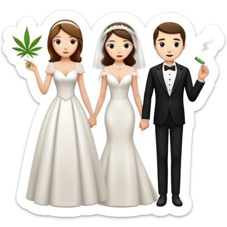 A bride in white wedding dress and groom in tuxedo, full body, smoking cannabis, side by side sticker