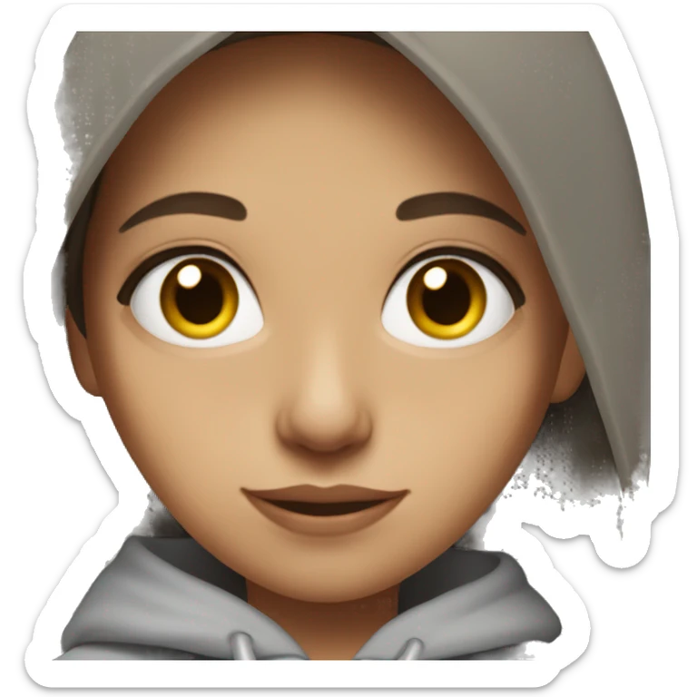 brunette girl with hazel eyes mid length hair with a grey hoodie  sticker