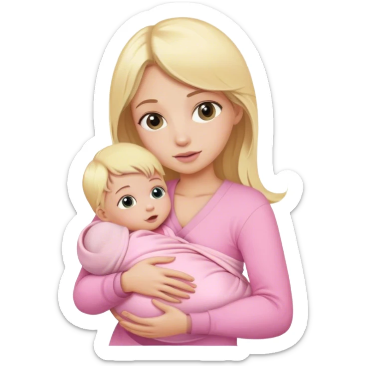 Blonde girl holding a new born baby while the baby is wrapped in pink. sticker