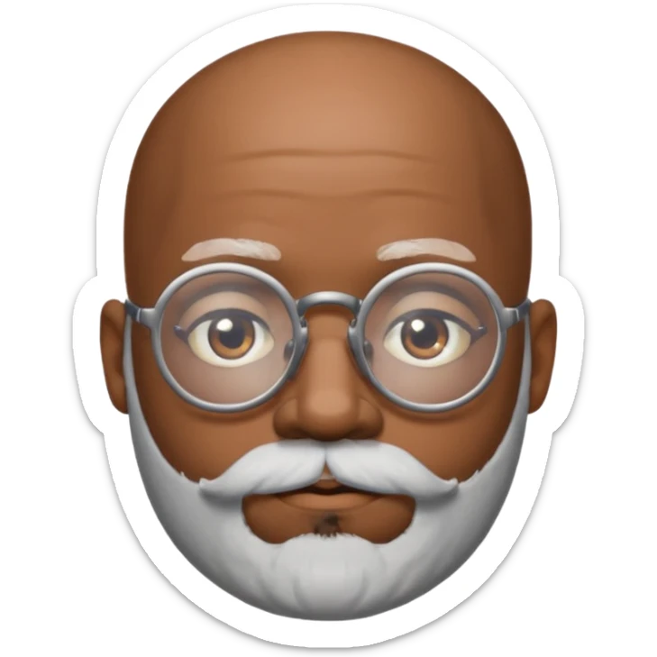 African american male, bald, salt and pepper beard. Round face, glasses sticker