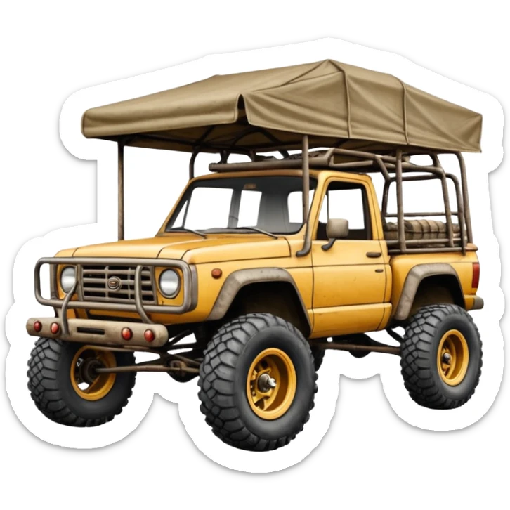 Off road Race truck whose frame and detailed suspension is made of shopping cart material with padded roll cage, roof rack, and antique style handmade bodywork (survivalist style) sticker