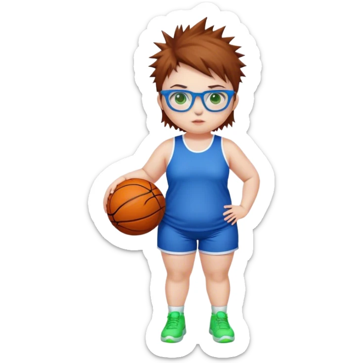 Full Body white chubby Girl with basketball spikey short brown hair  wearing blue glasses with green eyes sticker