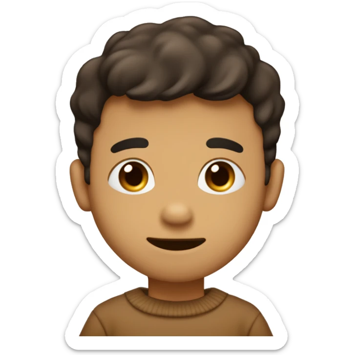 do a boy with tan skin and dark hair with one winking eye wearing a brown sweater that says “puppy”and he has dog ears  sticker
