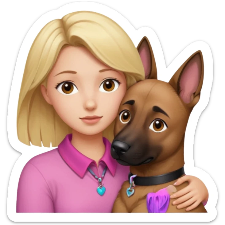Blonde girl with brown eyes snuggling a Malinois with a pink collar  sticker
