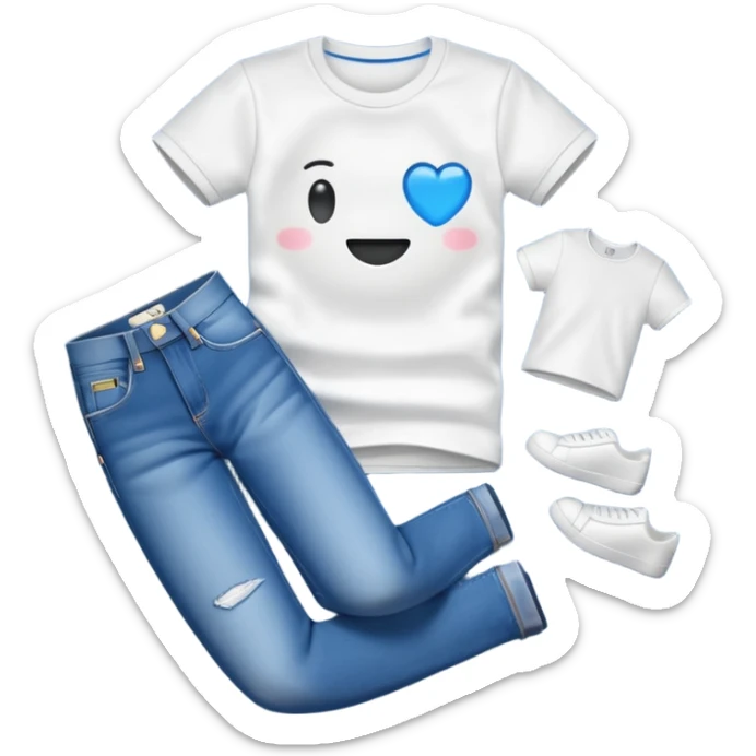 A 3D cartoon casual T-shirt and jeans outfit arranged on flat surface, bright lighting, Memoji-style realism. sticker