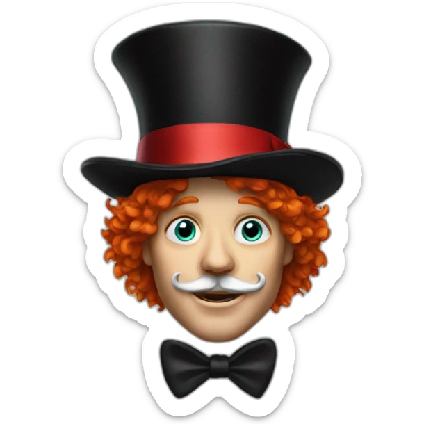 Mad hatter with red hair wearing a black hat with a red ribbon and a red mustache sticker