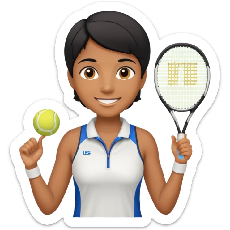 Chindian tennis coach, caramel brown, short straight hair, oval face, small eyes, big smile, wearing tennis outfit sticker