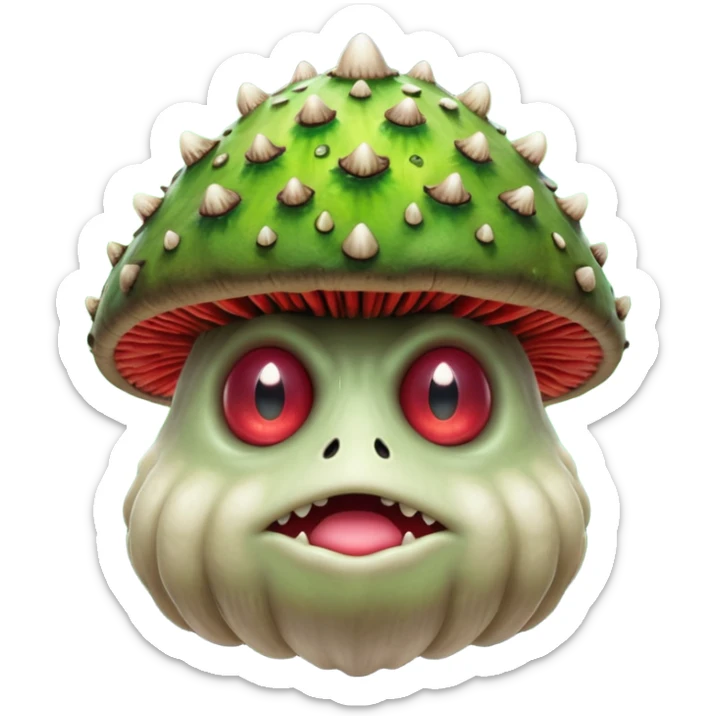 poisonous mushroom king monster portrait, head and shoulders only, giant toxic mushroom crown head, glowing green spore aura, animal-like eyes, thick fungal body texture, 3D cartoon, mobile game icon style, clean background, no text, no watermark

 sticker