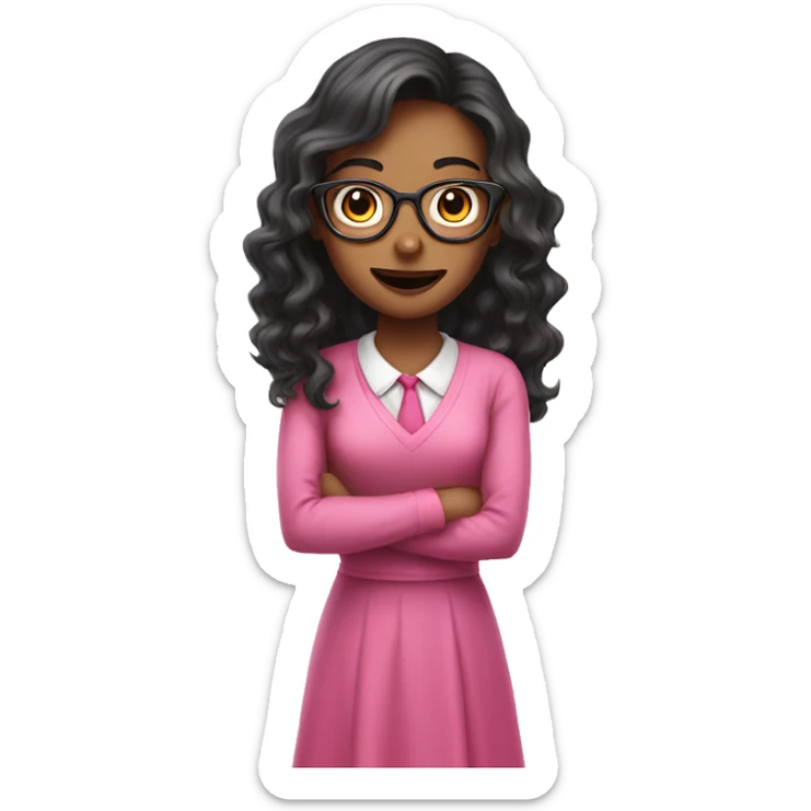 dark wavy long hair nerd girl, wearing a pink dress, pink mouth sticker