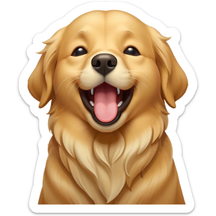 Cinematic Cute Yawning Golden Retriever Portrait Emoji, Head tilted slightly with a dramatic, wide-open yawn, revealing a silky golden coat with a subtle shimmer, floppy ears slightly drooping, round brown eyes barely open in drowsy contentment, Simplified yet irresistibly adorable features, highly detailed, glowing with a soft, cozy glow, high shine, relaxed yet expressive, stylized with a touch of whimsy, bright and endearing, soft glowing outline, capturing the essence of a sleepy yet affectionate companion, so drowsy it feels like it could stretch out of the screen and curl up for a nap! sticker