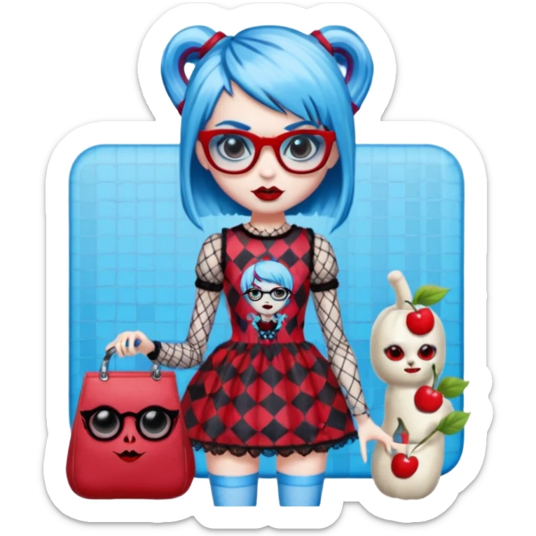 Ghoulia yelps monster high doll in scene/emo style cherry print dress with fishnet sleeves, clothes, thin, small, red, rectangle glasses, pale white-blue skin, pixie-cut sticker