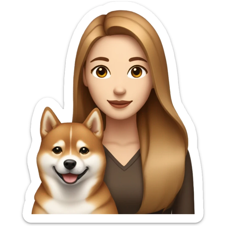 beautiful woman, straight long light brown hair, brown eyes smiling with dog Shiba Inu sticker