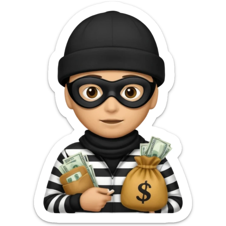 A emoji of a person wearing a black and white robber outfit and a black winter hat and a black mask and a Money Bag sticker