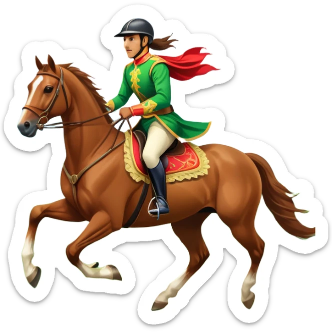 An icon showcasing a majestic horse and rider in full gallop across a lush green field. The background features a clear sky, distant mountains, and a vibrant landscape. The rider wears traditional gear, while the horse leaps with grace and power. Transparent background sticker