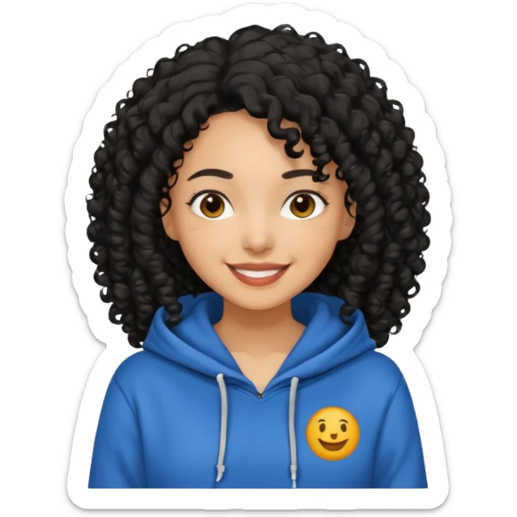 A women with a black curly hair who wear a hoodie and that hoodie have a some smorf sticker