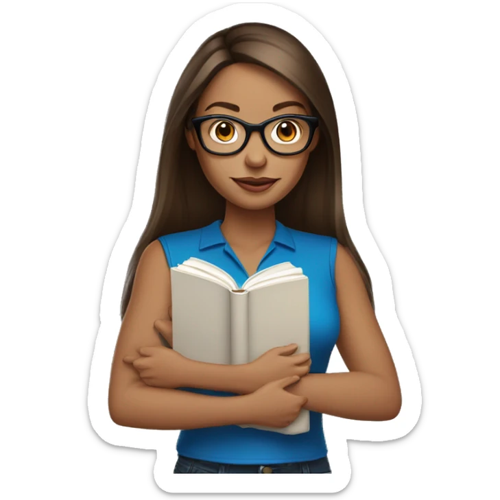 blue eyes woman with glasses and medium length brunette straight hair holding a book sticker