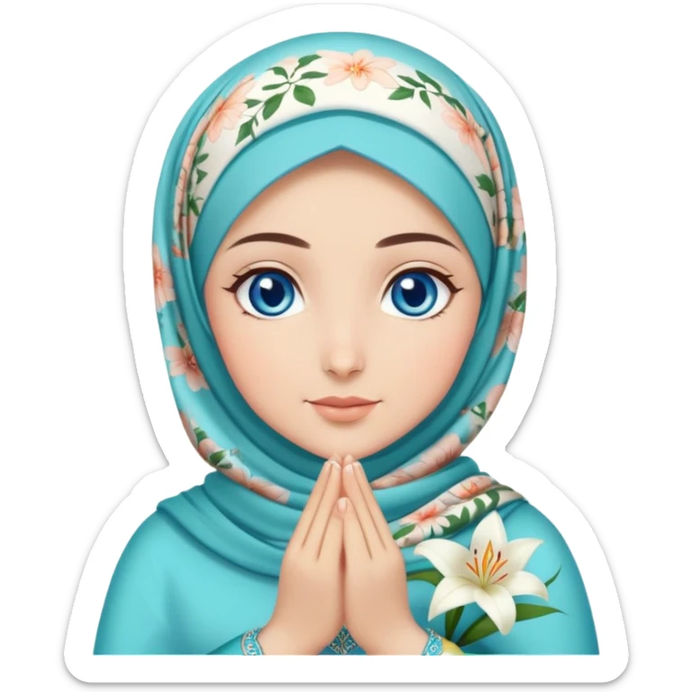 Turkish beautiful finish Konya girl blue eyes with lilies floral hijab dress islamic dress and had on her hand text Eid Mubarak  sticker