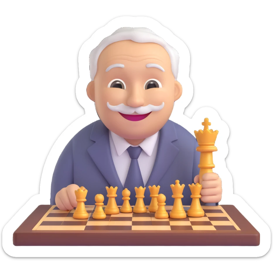3D smiley emoji, round shape, grandfather with chessboard, gray color, smiling face sticker
