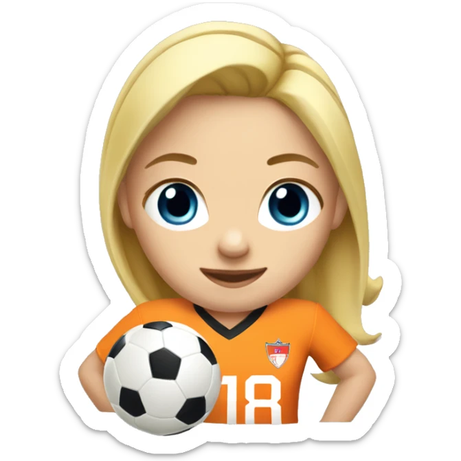 Soccer player girl with blond hair wearing an orange jersey with #18 sticker