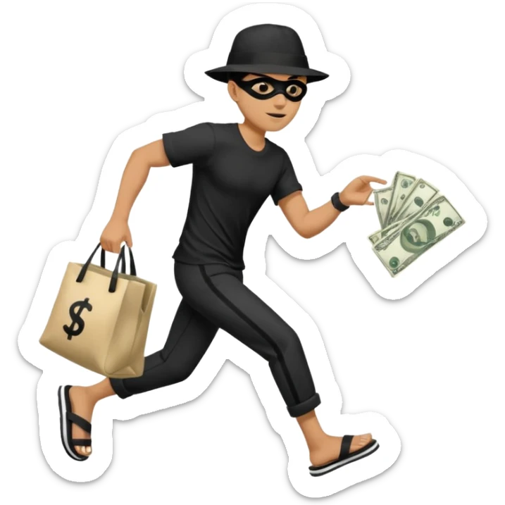 Make a man wear a black pant and he shirt is balck line and white line and wear a black hat and he holding a money bag and he running he wear a black eye thing no money in the Left hand and he yellow and the money bag in the right he wear a flip flop like this is Money bag 💰 NO MONEY sticker