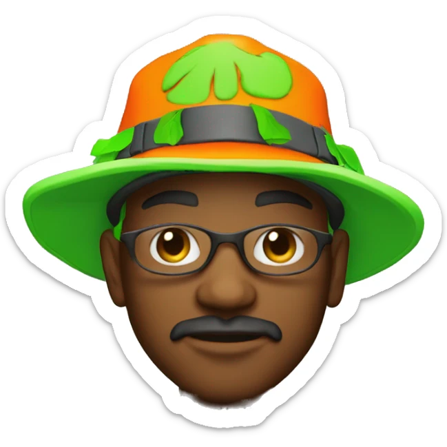 420 Young man Dave Lister wearing neon orange jacket and bucket hat 420 sticker