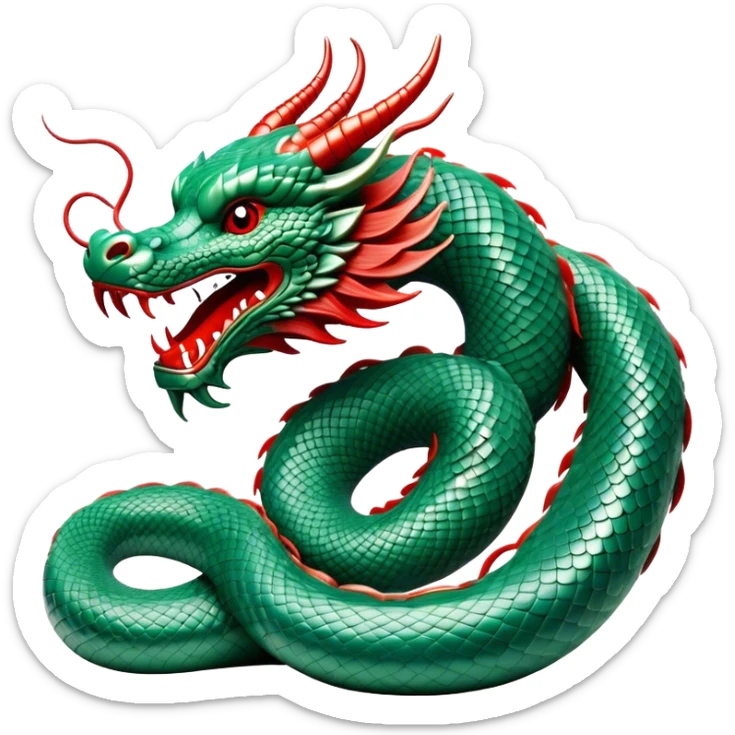 Cinematic Noble Chinese Serpent Dragon Portrait Emoji, Poised and majestic, with a sinuous, serpentine body adorned in intricately detailed scales of shimmering jade and soft vermilion, accented by delicate cloud motifs and subtle water ripple patterns; rendered with lifelike texture and gentle natural highlights, high shine, wise and enigmatic, styled with an aura of ancient dynastic grace, focused and regal, soft glowing outline, capturing the essence of a revered celestial dragon that appears ready to glide gracefully through the mists of time! sticker