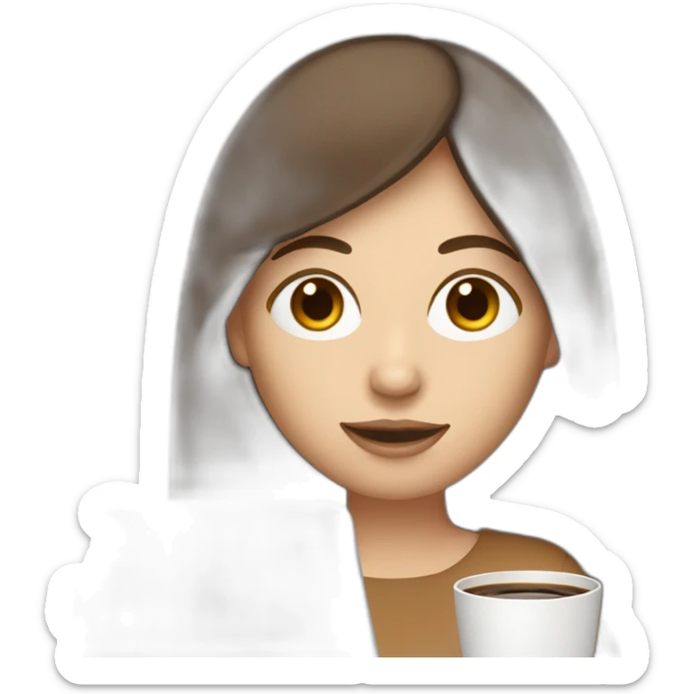 woman with long straight brown hair and pale skin and a laptop on top of her head drinking coffee sticker