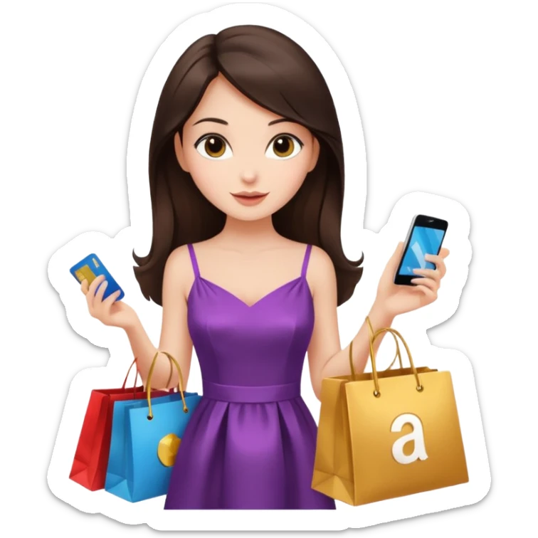 Glam brunette girl calmly choosing one premium shopping bag, giving a small approving nod — quality over quantity sticker