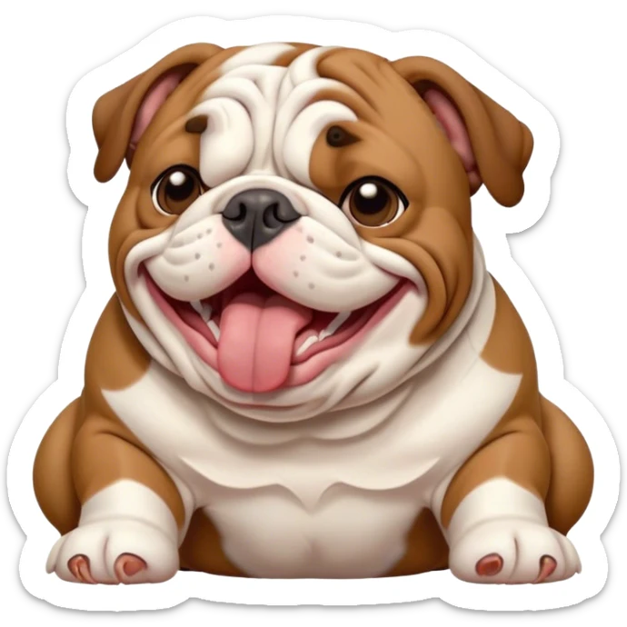 Cinematic Cute Yawning Brown and White English Bulldog Portrait Emoji, Head tilted slightly with a dramatic, wide-open yawn, showcasing a smooth brown and white coat with a defined pattern, floppy ears slightly drooping, round brown eyes barely open in drowsy contentment, Simplified yet irresistibly adorable features, highly detailed, glowing with a soft, cozy glow, high shine, relaxed yet expressive, stylized with a touch of whimsy, bright and endearing, soft glowing outline, capturing the essence of a sleepy yet affectionate guardian, so drowsy it feels like it could stretch out of the screen and curl up for a nap! sticker